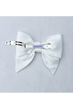 White Satin Hair Bow White Hair Clip by QueenMee Accessories