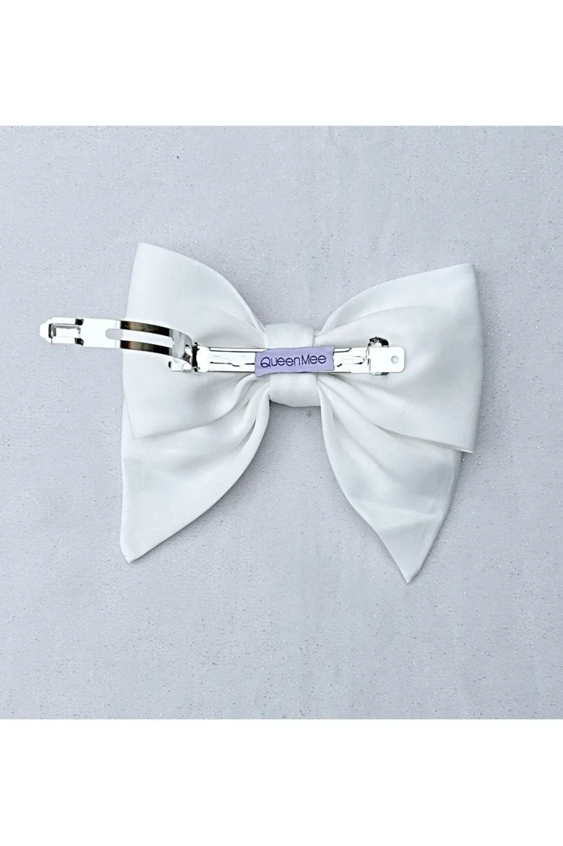 White Satin Hair Bow White Hair Clip by QueenMee Accessories