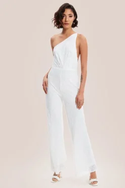 White Sequin Jersey One Shoulder Jumpsuit by Liquorish