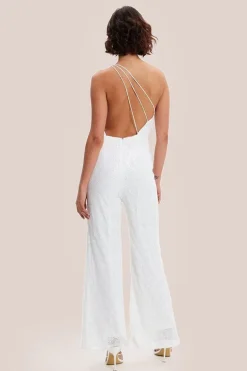 White Sequin Jersey One Shoulder Jumpsuit by Liquorish