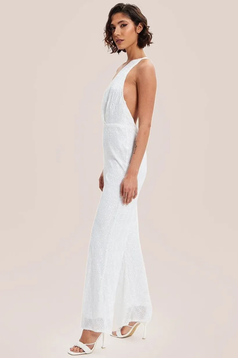 White Sequin Jersey One Shoulder Jumpsuit by Liquorish
