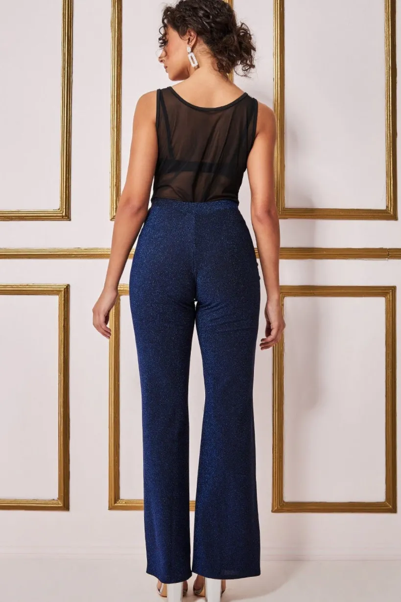 Wide Leg Lurex Trouser - Royal Blue by Goddiva