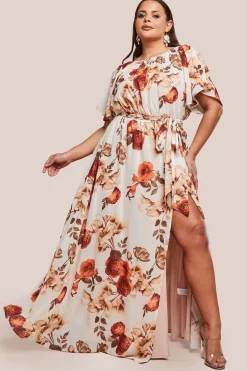 Wrap Back Flutter Sleeve Maxi - Beige by Goddiva Plus