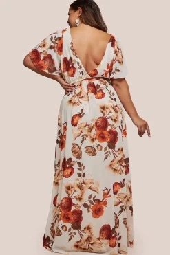 Wrap Back Flutter Sleeve Maxi - Beige by Goddiva Plus