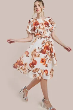 Wrap Back Flutter Sleeve Midi - Beige by Goddiva