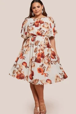 Wrap Back Flutter Sleeve Midi Dress - Beige by Goddiva Plus
