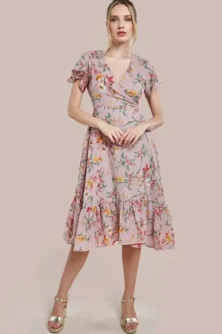 Wrap Flutter Sleeve Floral Midi Dress - Beige by City Goddess