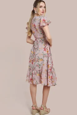 Wrap Flutter Sleeve Floral Midi Dress - Beige by City Goddess