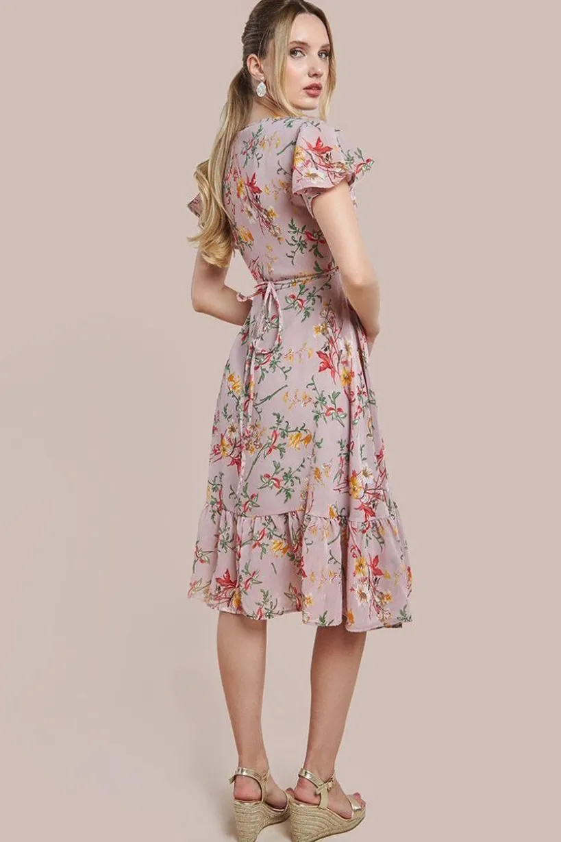 Wrap Flutter Sleeve Floral Midi Dress - Beige by City Goddess