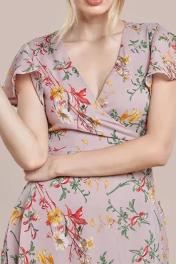 Wrap Flutter Sleeve Floral Midi Dress - Beige by City Goddess