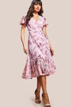 Wrap Flutter Sleeve Floral Midi Dress - Peach by City Goddess