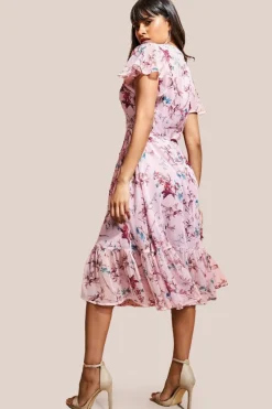 Wrap Flutter Sleeve Floral Midi Dress - Peach by City Goddess