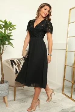 Wrap Front Lace Chiffon Midi Dress by Double Second