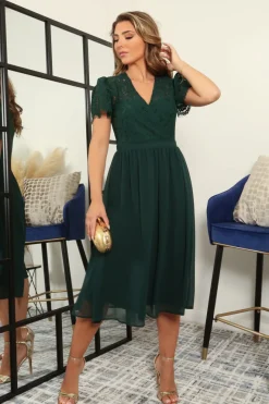 Wrap Front Lace Chiffon Midi Dress by Double Second
