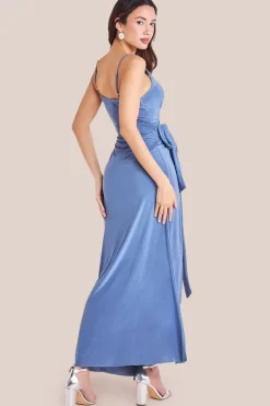 Wrap Front Maxi Slip Dress With Waist Tie-Up - Cloudy Blue by City Goddess