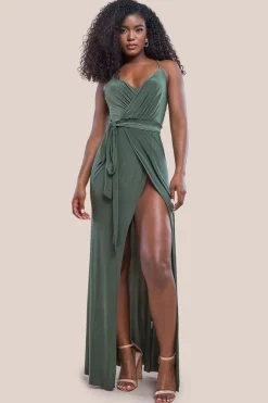 Wrap Front Maxi Slip Dress With Waist Tie-Up - Olive Green by City Goddess