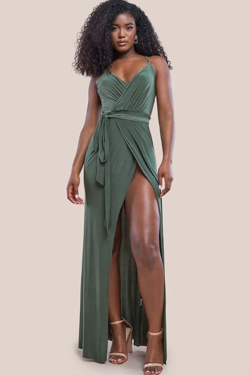 Wrap Front Maxi Slip Dress With Waist Tie-Up - Olive Green by City Goddess