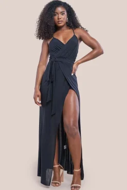 Wrap Front Maxi Slip Dress With Waist Tie-Up - Black by City Goddess