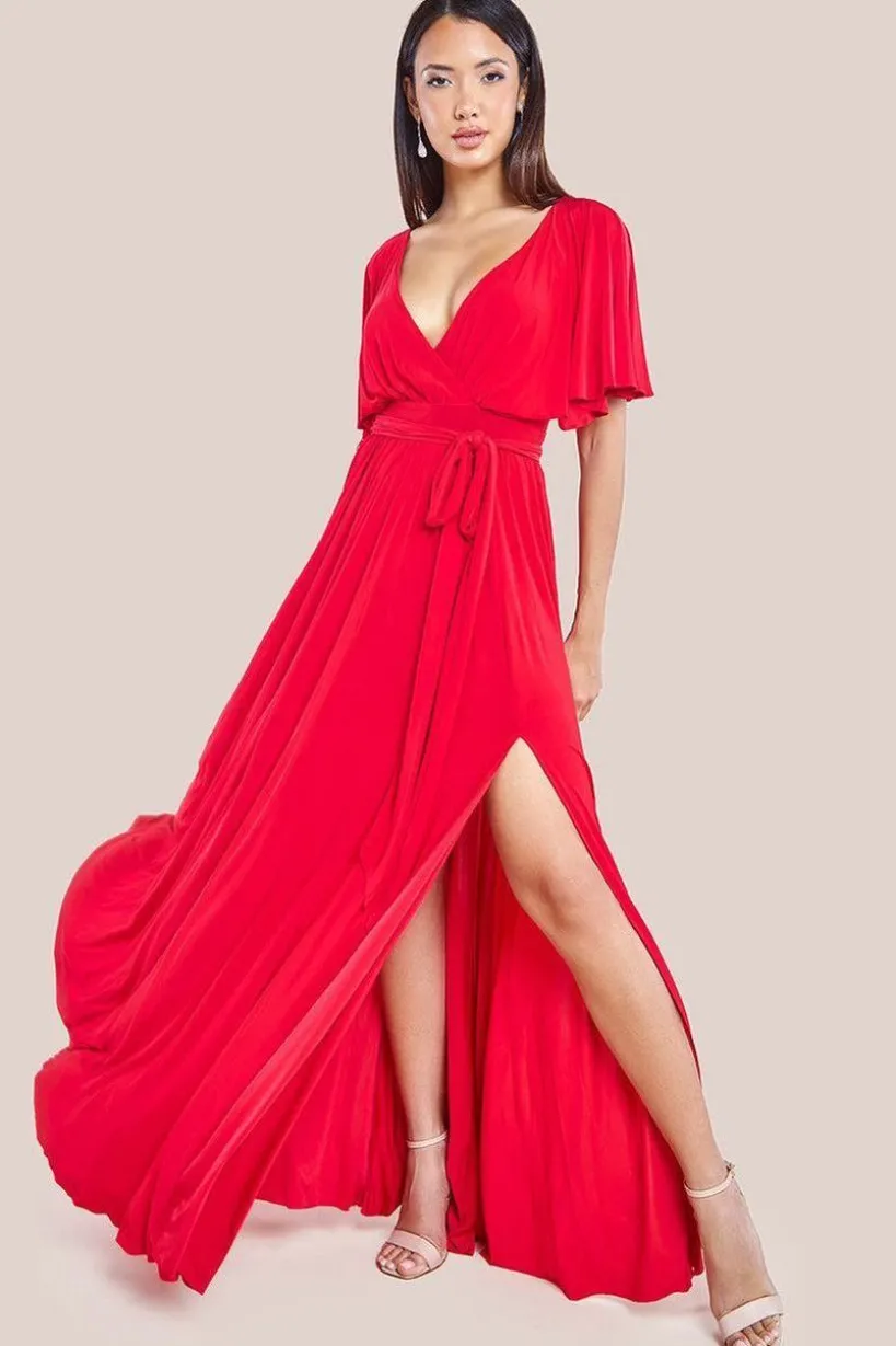 Wrap Front Maxi With Flutter Sleeves - Red by Goddiva