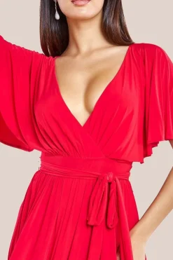 Wrap Front Maxi With Flutter Sleeves - Red by Goddiva
