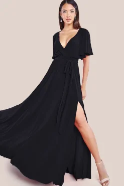 Wrap Front Maxi With Flutter Sleeves - Black by Goddiva