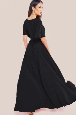 Wrap Front Maxi With Flutter Sleeves - Black by Goddiva