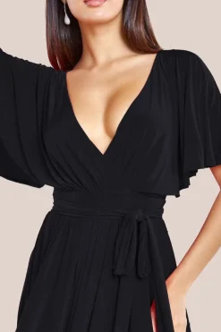 Wrap Front Maxi With Flutter Sleeves - Black by Goddiva