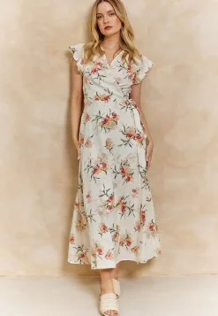 Wrap Maxi Dress With Cap Sleeve In White Floral by Angeleye