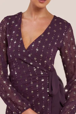 Wrap Over Sequin Mini Dress - Wine by Goddiva