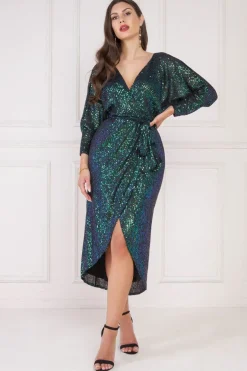 Wrap Style Sequin Midi Dress - Emerald by Goddiva