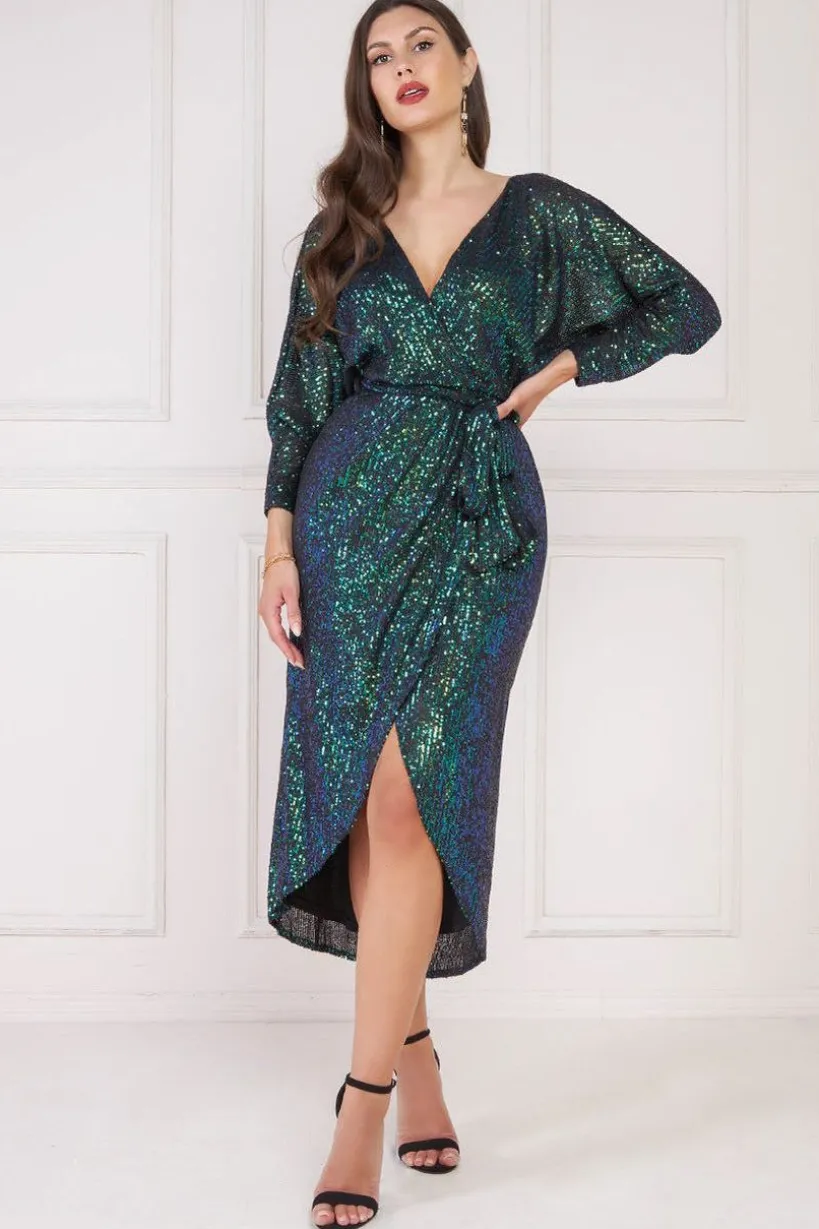 Wrap Style Sequin Midi Dress - Emerald by Goddiva