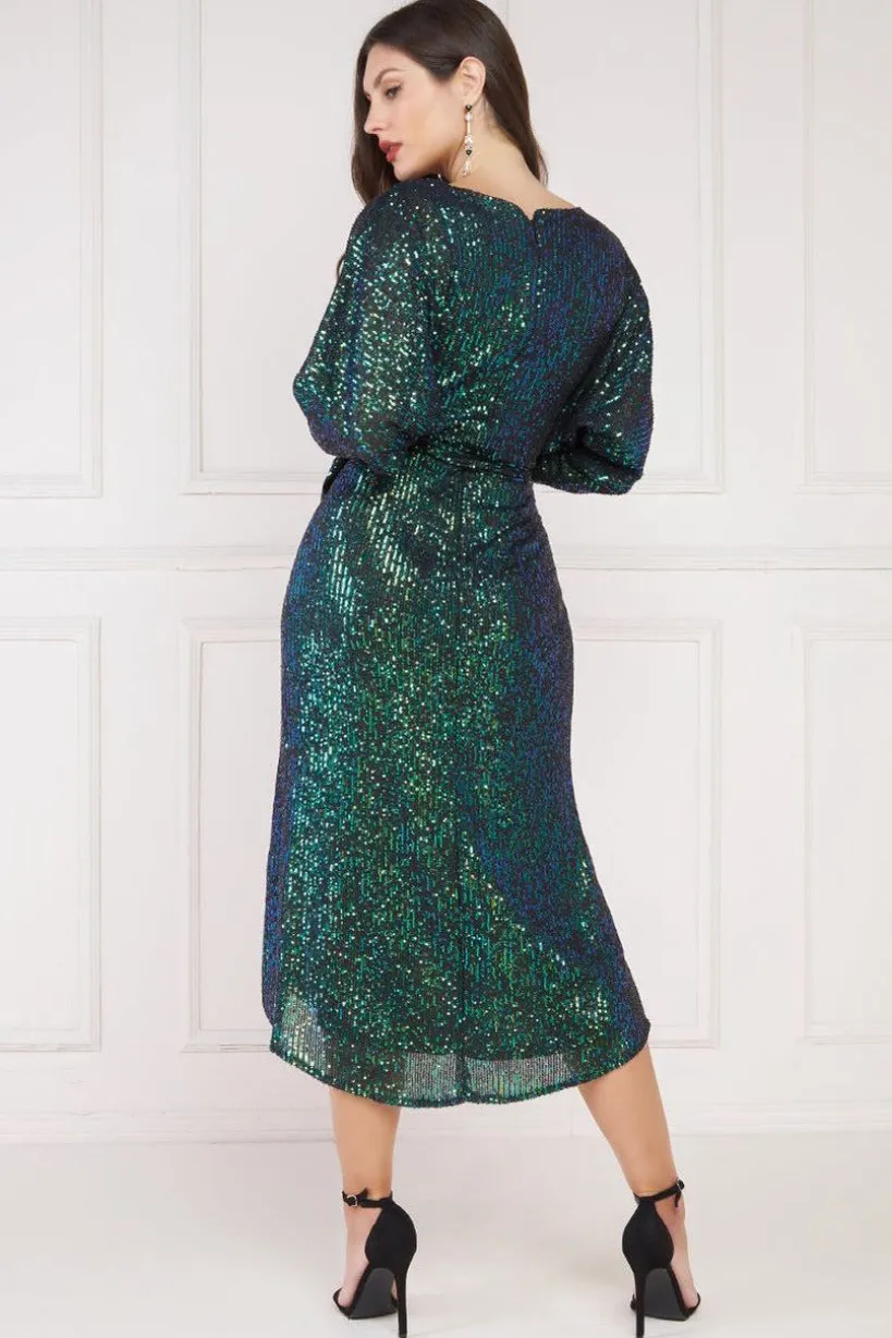 Wrap Style Sequin Midi Dress - Emerald by Goddiva