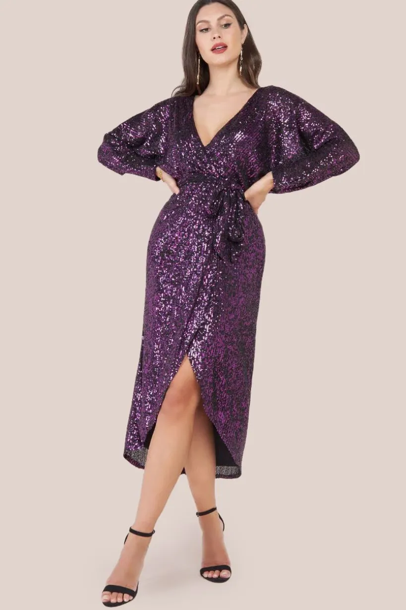 Wrap Style Sequin Midi Dress - Purple by Goddiva