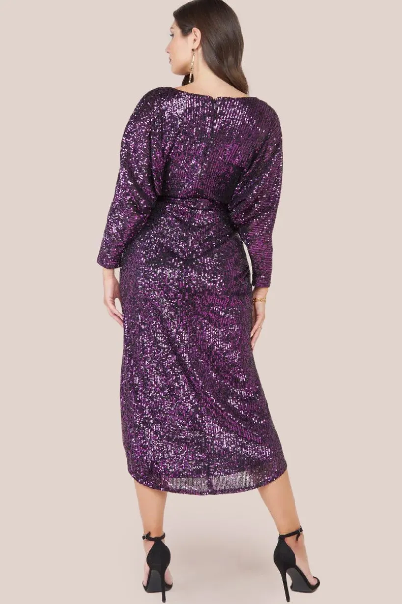 Wrap Style Sequin Midi Dress - Purple by Goddiva