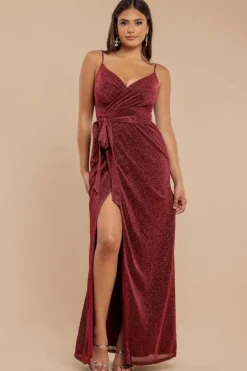 Wrap Style Spaghetti Strap Maxi With Split - Wine by Goddiva
