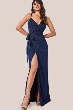 Wrap Style Spaghetti Strap Maxi With Split - Navy by Goddiva