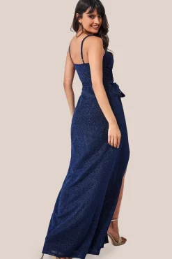 Wrap Style Spaghetti Strap Maxi With Split - Navy by Goddiva