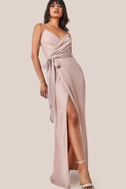 Wrap Style Spaghetti Strap Maxi With Split - Blush by Goddiva