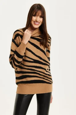 Zebra Pattern High Neck Jumper In Brown And Black by Liquorish