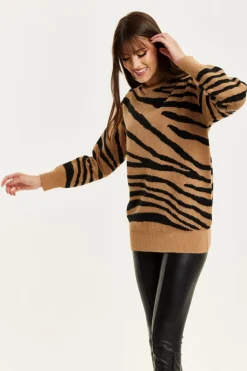 Zebra Pattern High Neck Jumper In Brown And Black by Liquorish