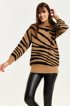 Zebra Pattern High Neck Jumper In Brown And Black by Liquorish