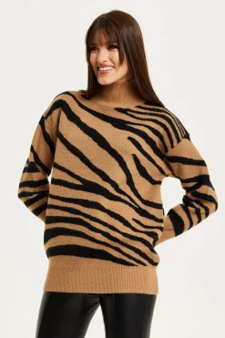 Zebra Pattern High Neck Jumper In Brown And Black by Liquorish