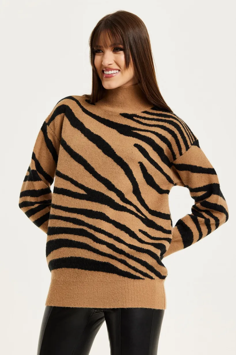 Zebra Pattern High Neck Jumper In Brown And Black by Liquorish