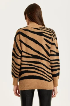 Zebra Pattern High Neck Jumper In Brown And Black by Liquorish