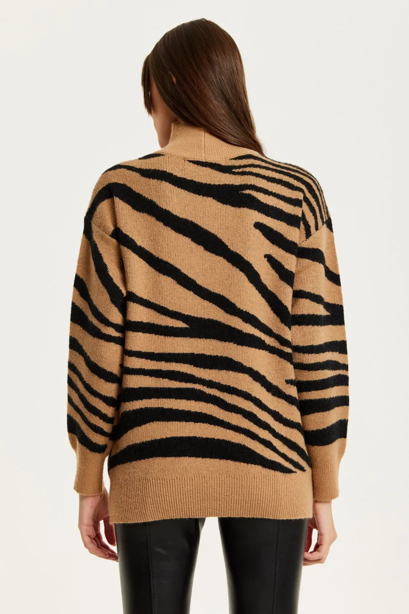 Zebra Pattern High Neck Jumper In Brown And Black by Liquorish