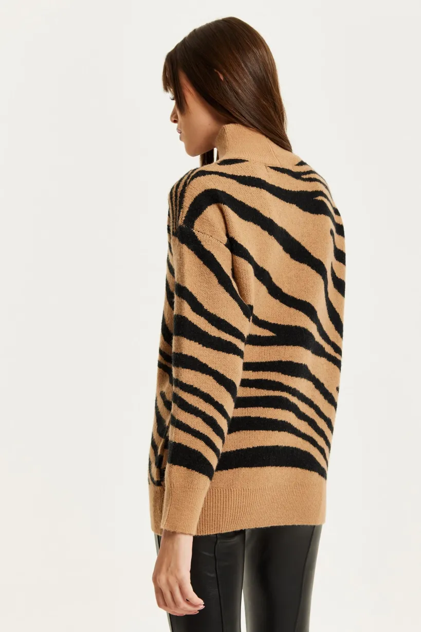 Zebra Pattern High Neck Jumper In Brown And Black by Liquorish