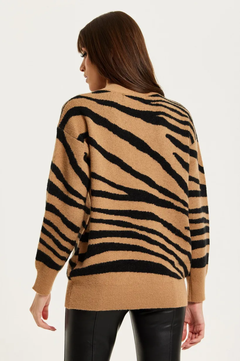 Zebra Pattern High Neck Jumper In Brown And Black by Liquorish