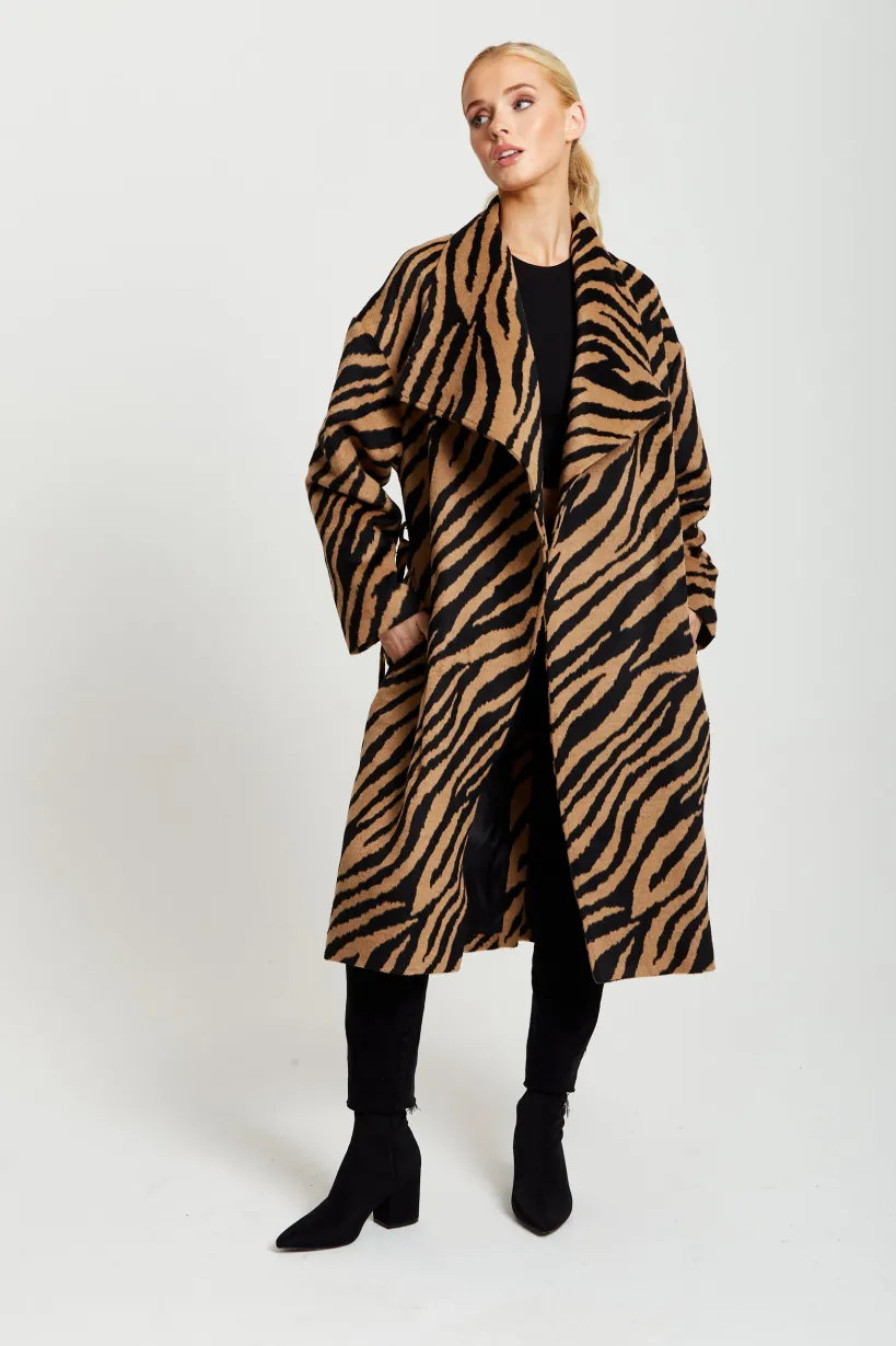 Zebra Print Longline Coat In Brown And Black by Liquorish