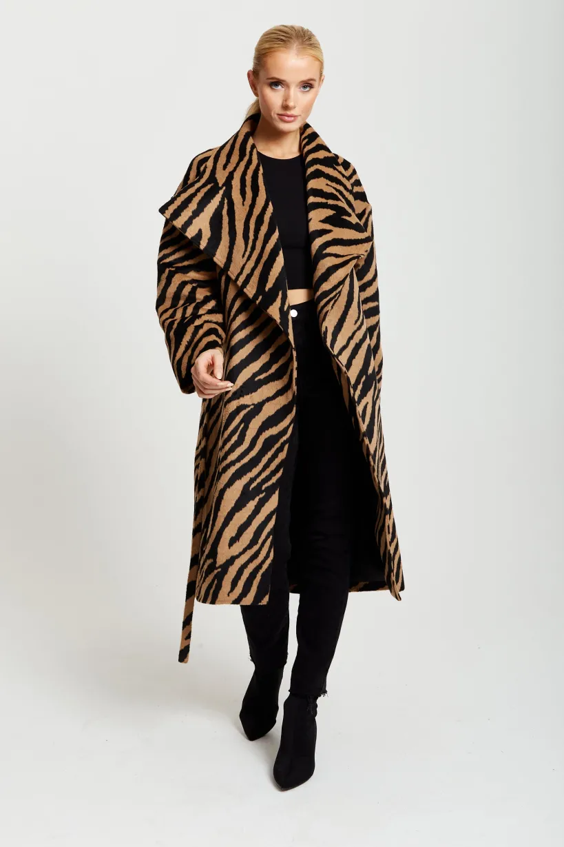 Zebra Print Longline Coat In Brown And Black by Liquorish