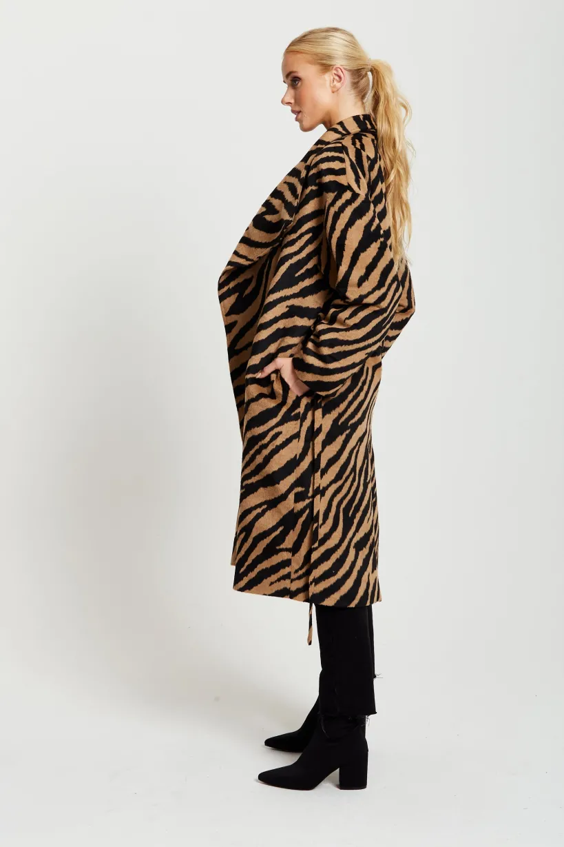 Zebra Print Longline Coat In Brown And Black by Liquorish